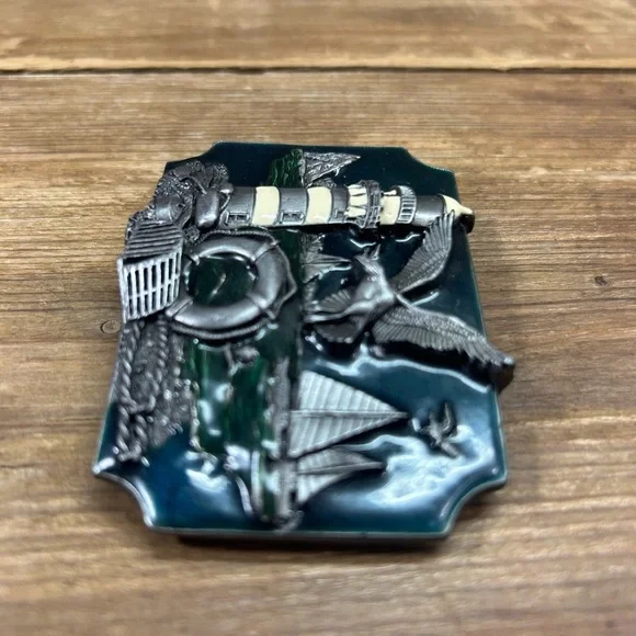 Vintage 1989 Siskiyou Buckle Co Inc Green Enamel and Pewter Nautical Belt Buckle - Picture 4 of 9